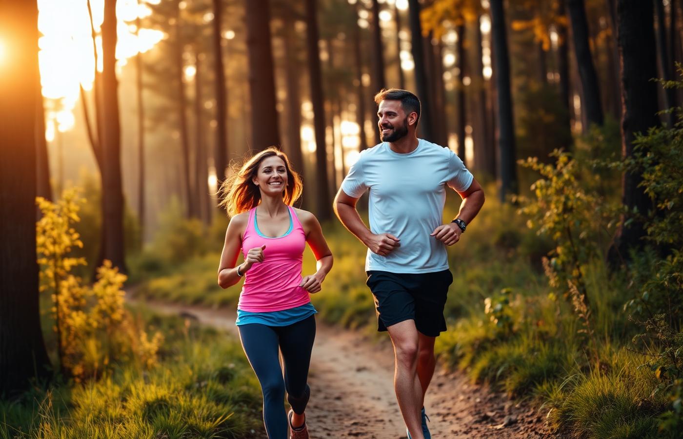 Couple jogging on a forest trail at golden hour