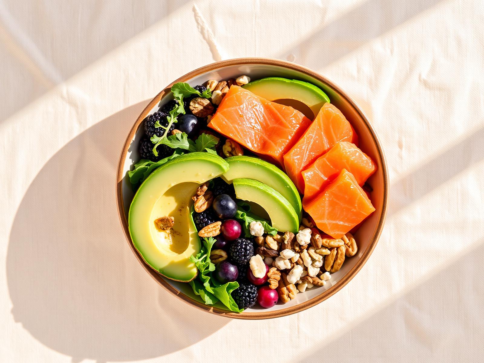 Keto-friendly bowl with avocado, salmon, greens, berries and nuts on a linen background