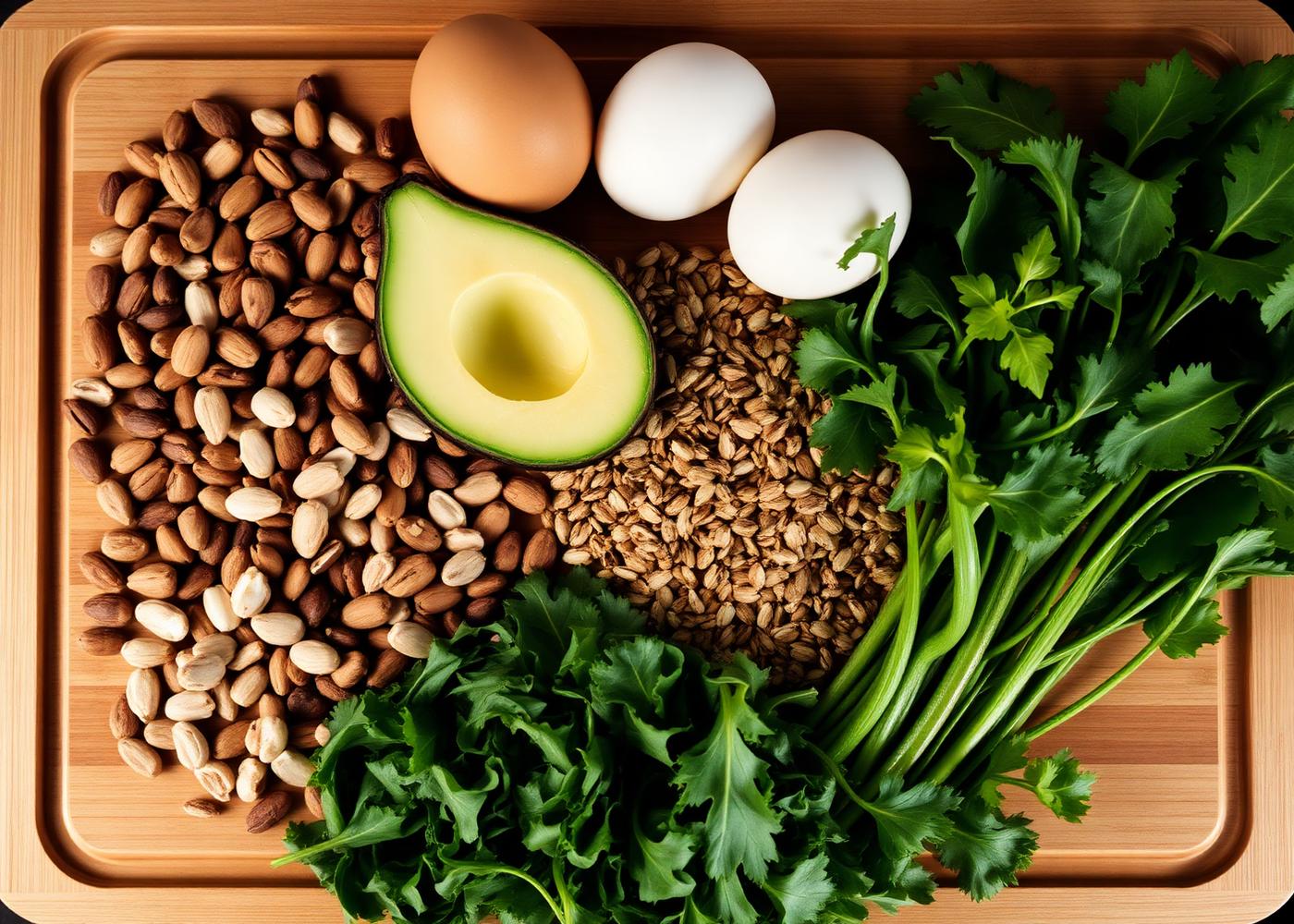 Nuts, avocado, eggs and leafy greens on a wooden board