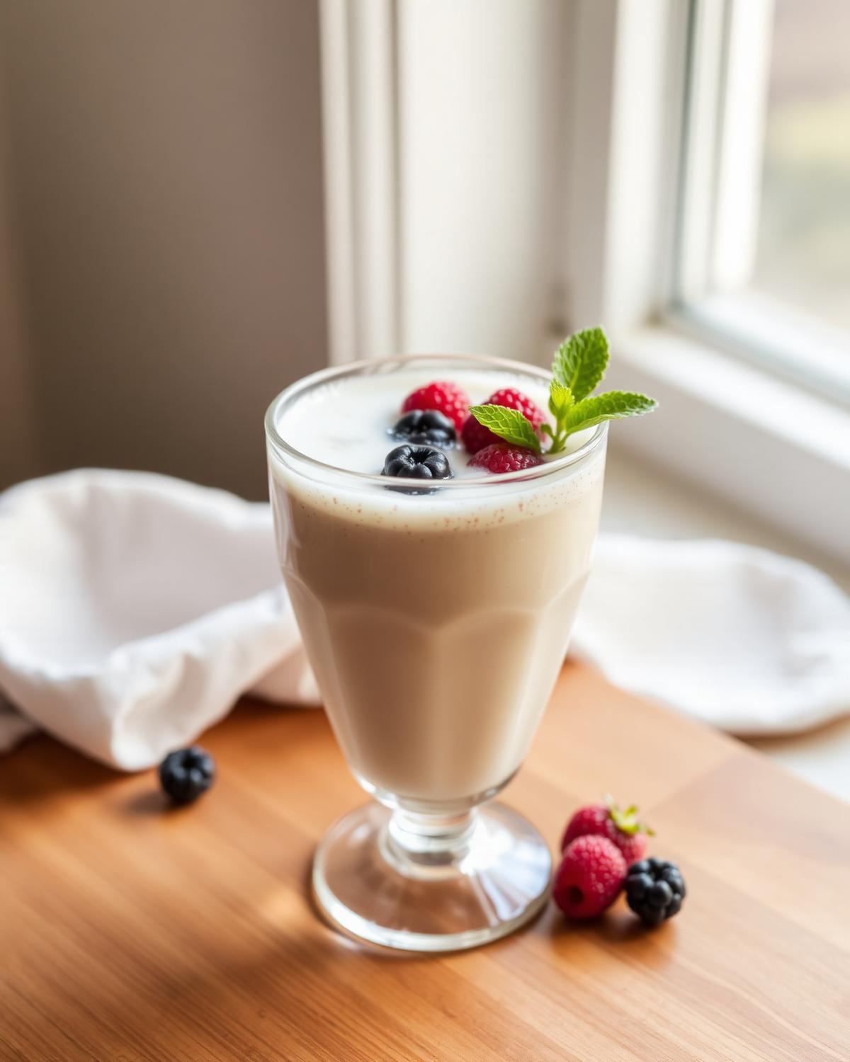 Glass of creamy vanilla shake with berries and mint